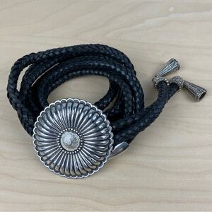Western Bolo Tie Style Women’s Belt Black & Silver Braided Leather 42” Long